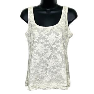 Cupio Ivory Scoop Neck Floral Lace Overlay Summer Tank Top